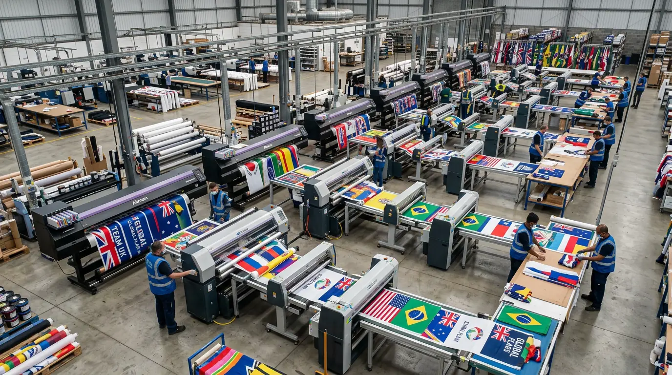 Industrial flag production line with dye-sublimation printing machines