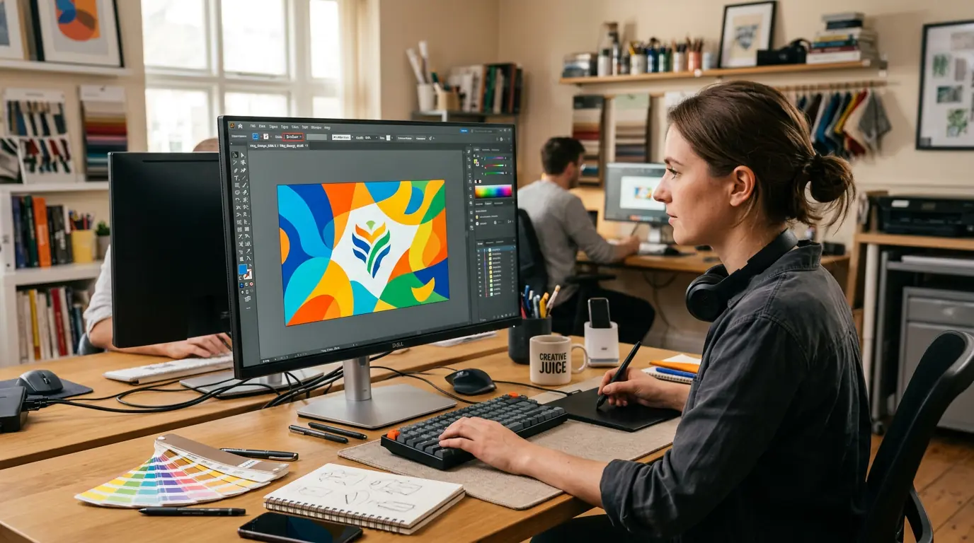 Graphic designer preparing RGB color file for sublimation flag printing on a professional workstation