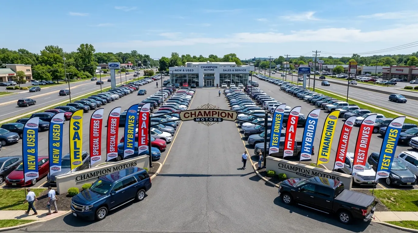 Car dealership with feather flags lining the entrance for outdoor advertising