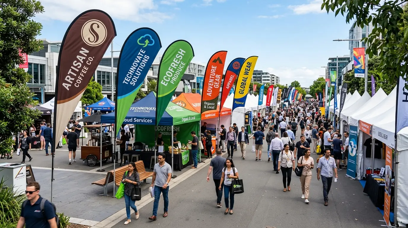 Trade show and outdoor event setup with teardrop and blade flags displaying business branding