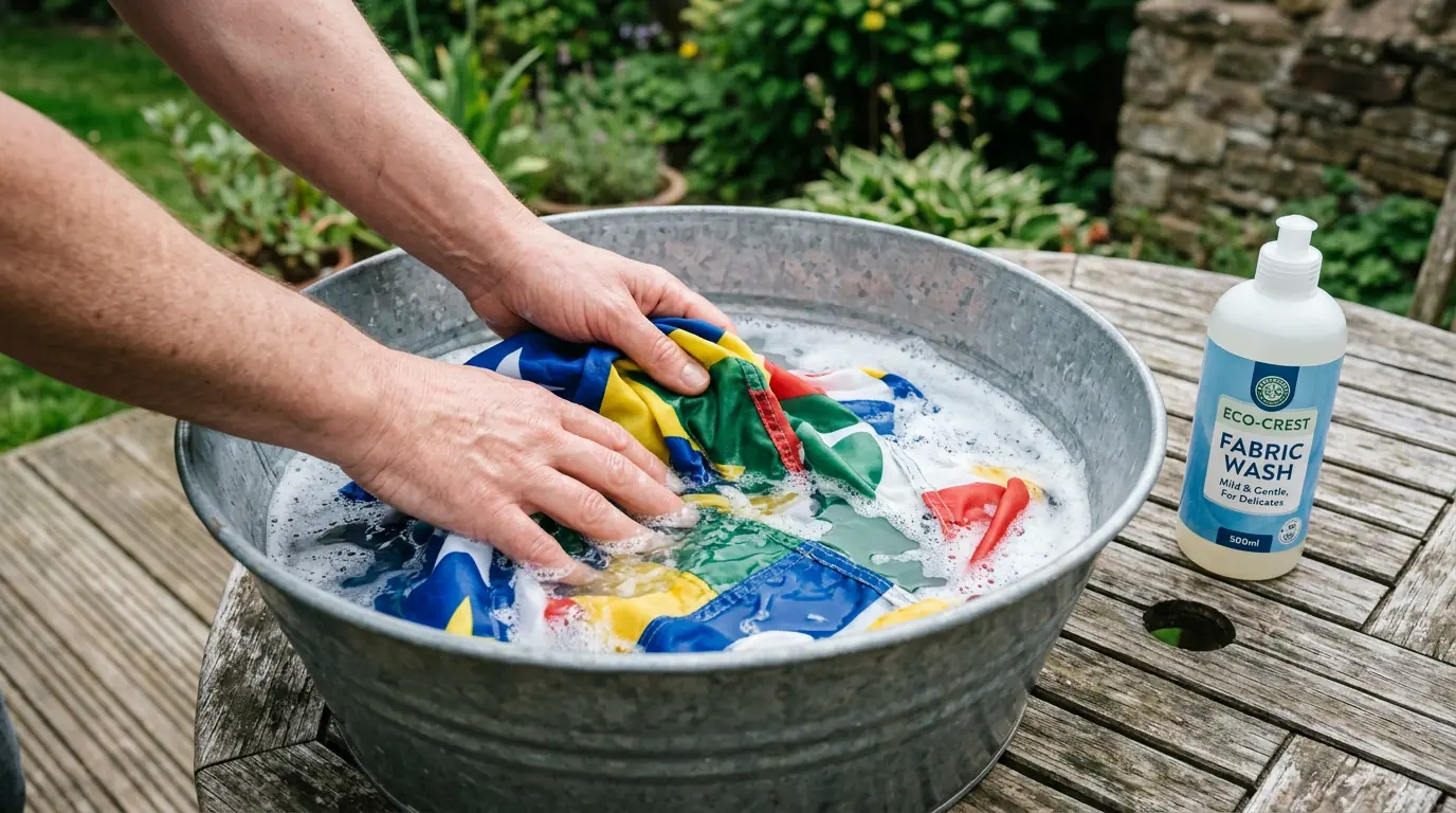 Hands gently washing a flag in a basin of cold soapy water demonstrating proper cleaning technique