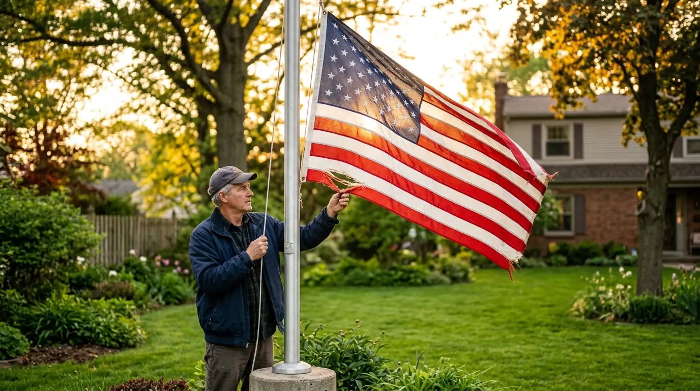 Person inspecting a flag on a residential flagpole during golden hour checking for wear