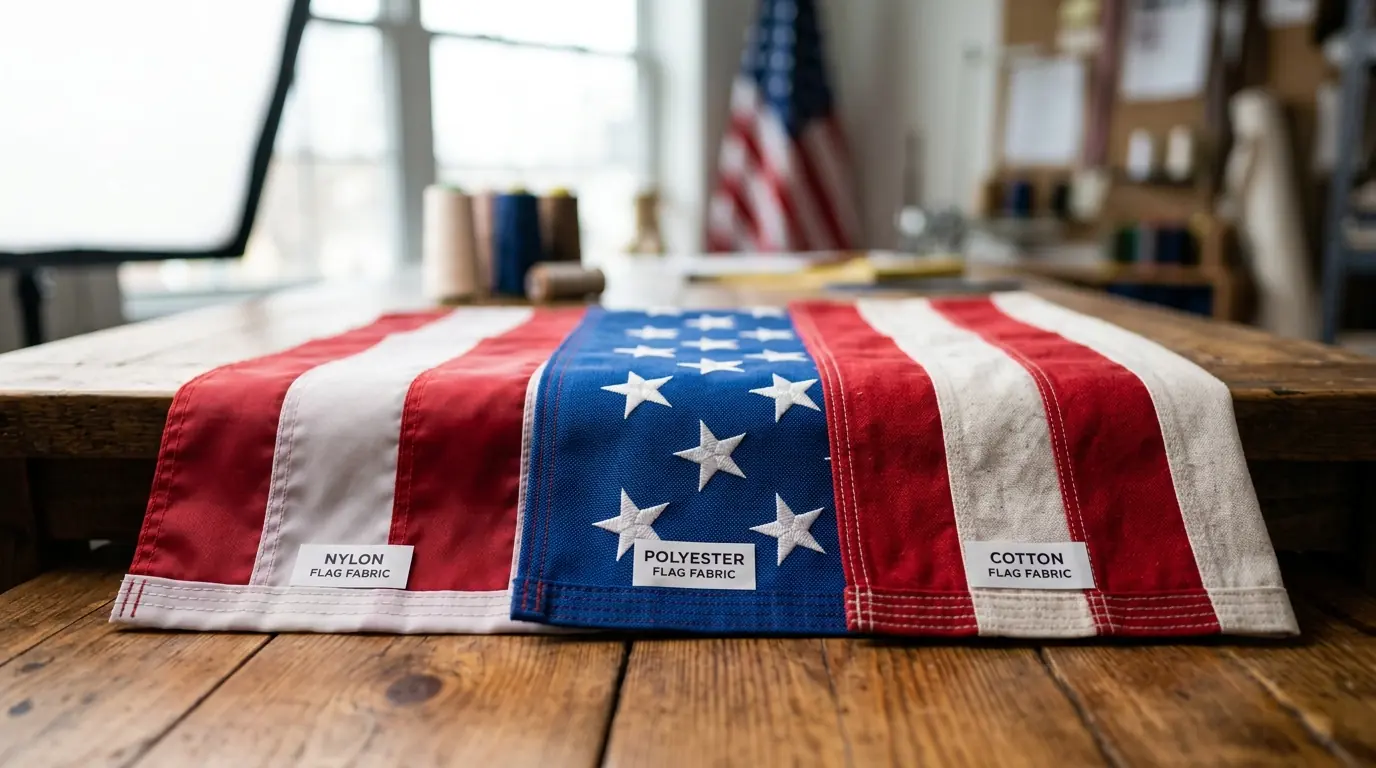 Different flag fabric materials including nylon, polyester and cotton showing texture and color differences