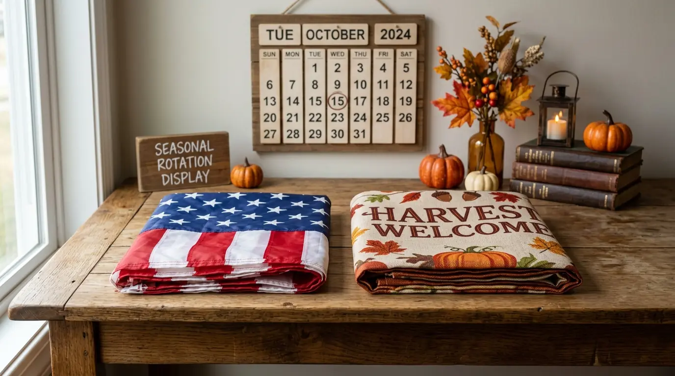 Two flags arranged for seasonal rotation with nylon and polyester options for different weather conditions