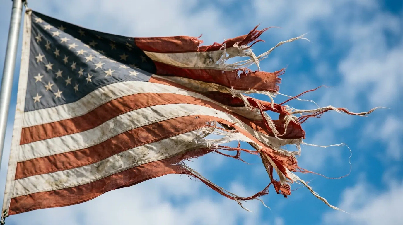 Close-up of a worn flag fly end showing fraying and faded colors indicating repair or replacement needed