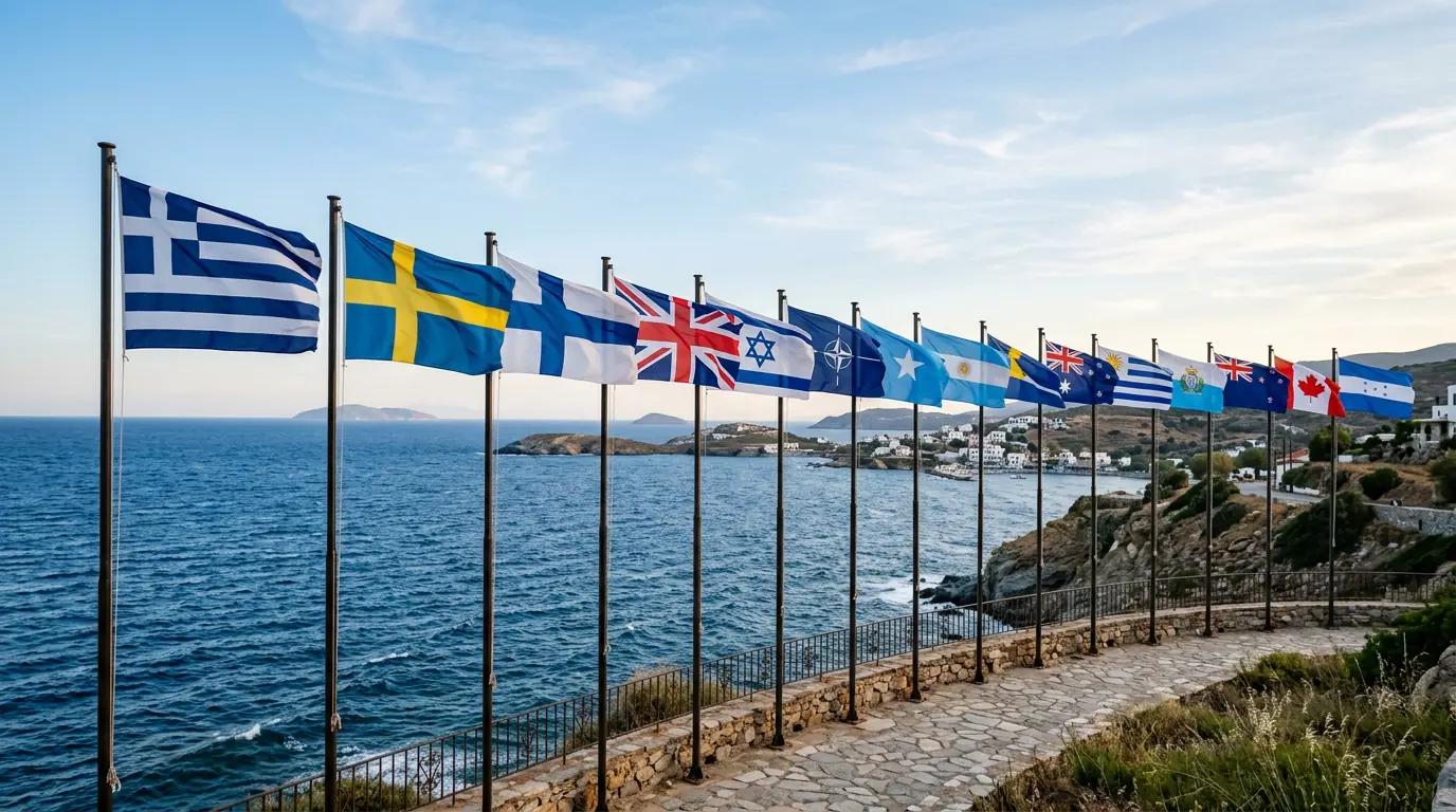 Blue flags representing democratic freedom and maritime heritage