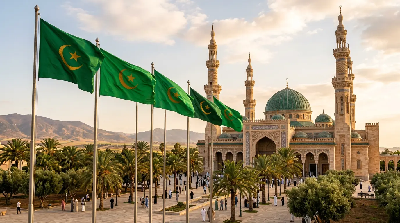 Green flags near Islamic architecture symbolizing faith and nature