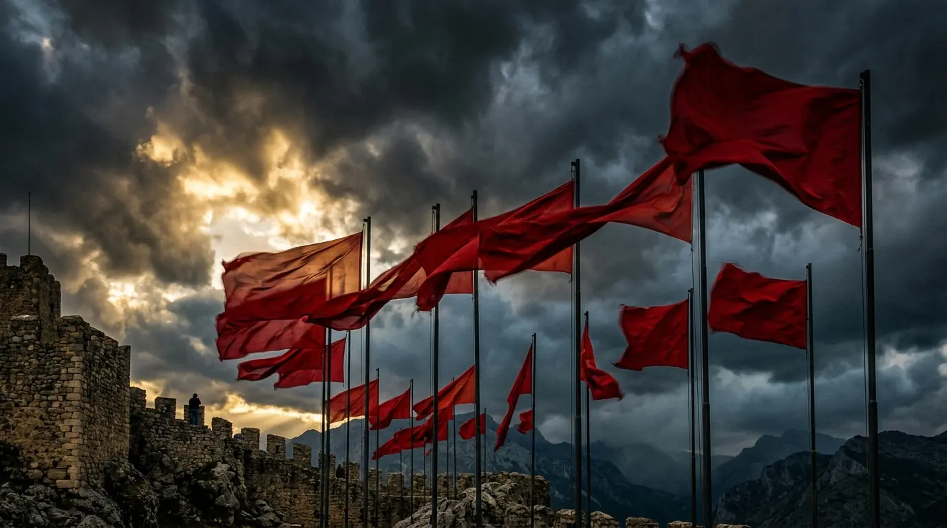 Red flags waving against dramatic sky symbolizing revolution