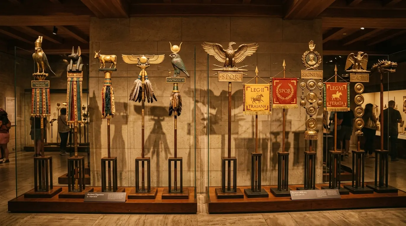 Ancient Egyptian vexilloids and Roman military standards displayed in museum setting
