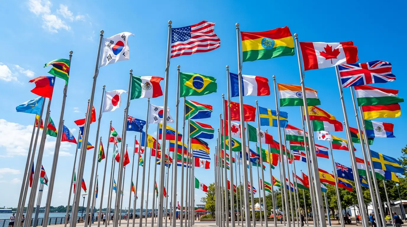 Colorful arrangement of diverse world national flags waving together against clear sky