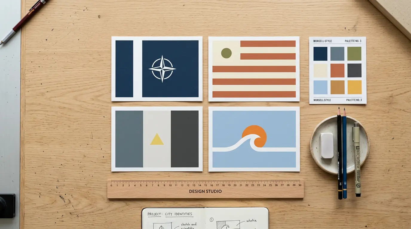 Clean flat lay of minimalist flag designs on drafting table with color swatches and ruler