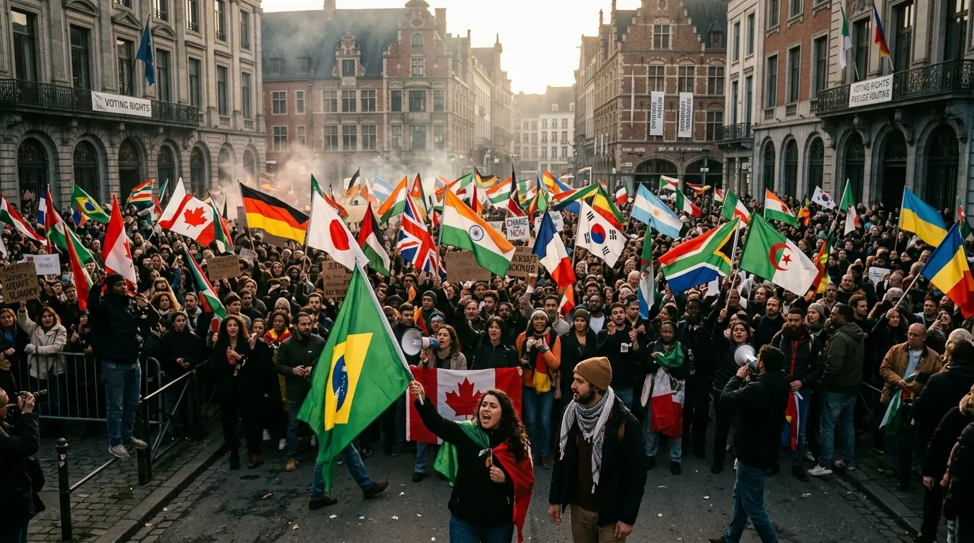 Large crowd of protesters holding various national flags at a political demonstration