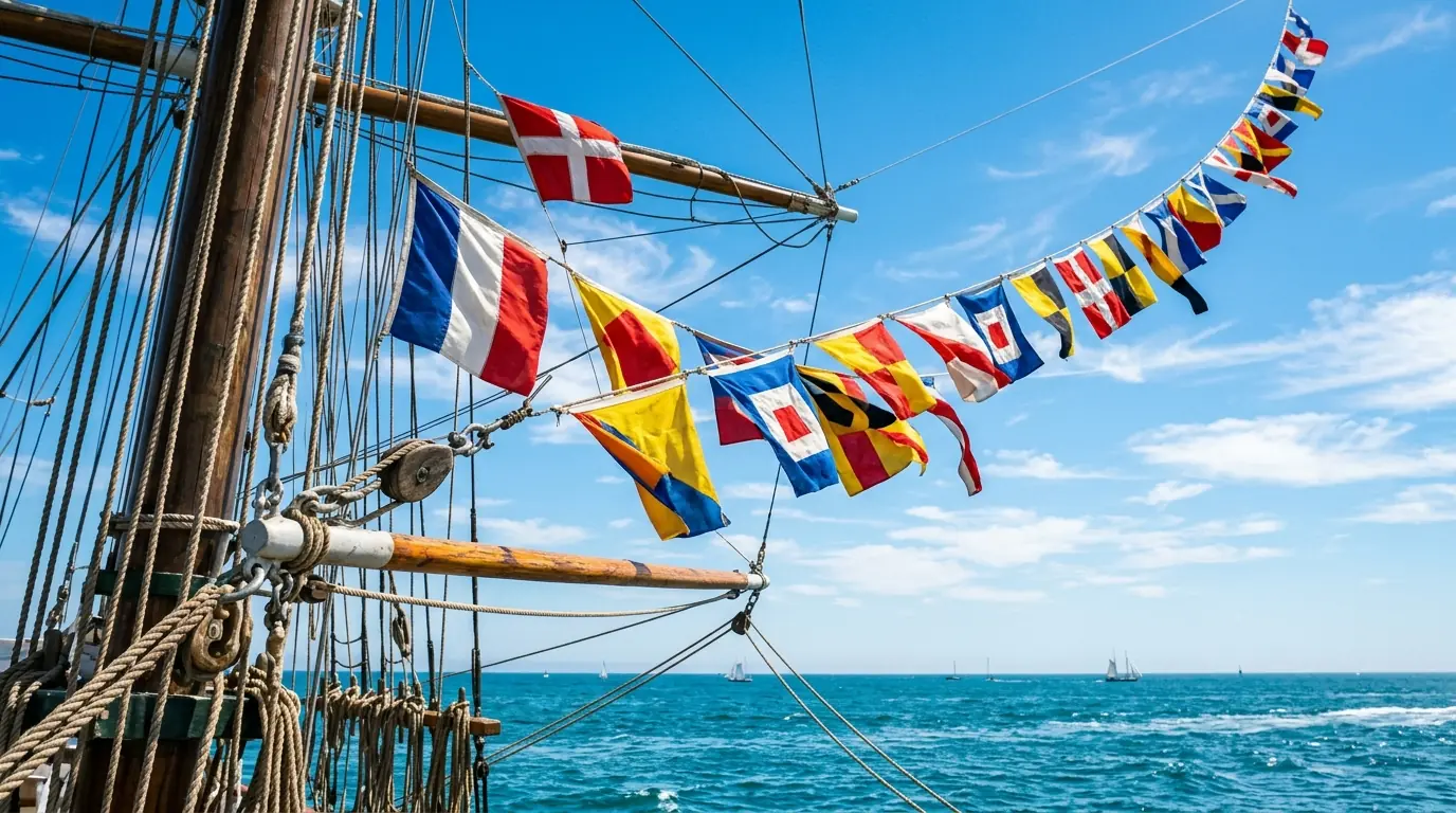 Naval signal flags hanging on ship rigging lines against blue sky and ocean