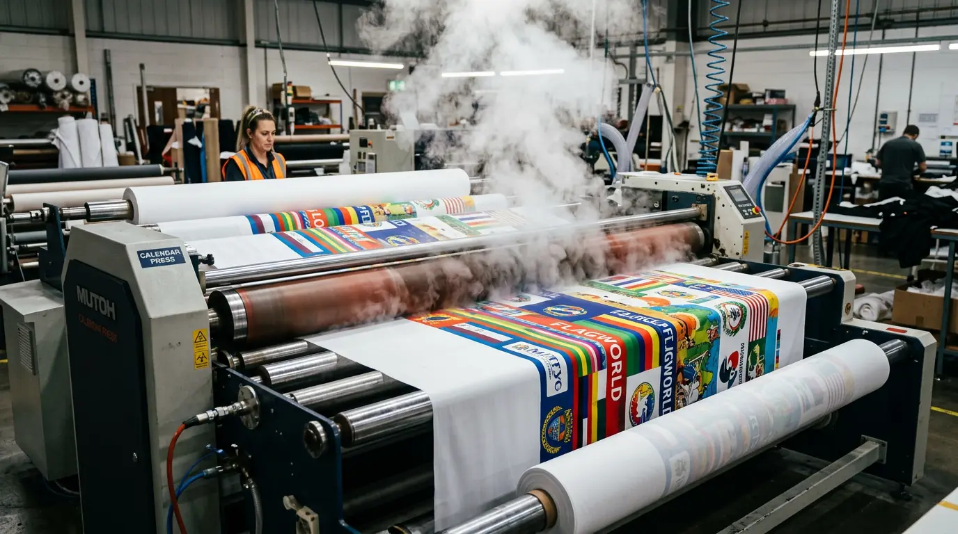 Large format dye sublimation printer transferring color design onto polyester flag fabric