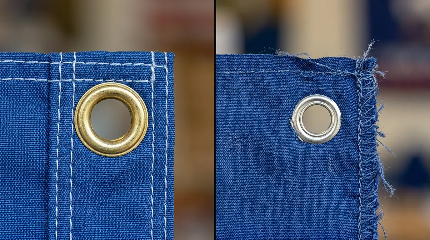 Close-up comparison of reinforced hem with brass grommet versus thin raw-edge serged flag fabric