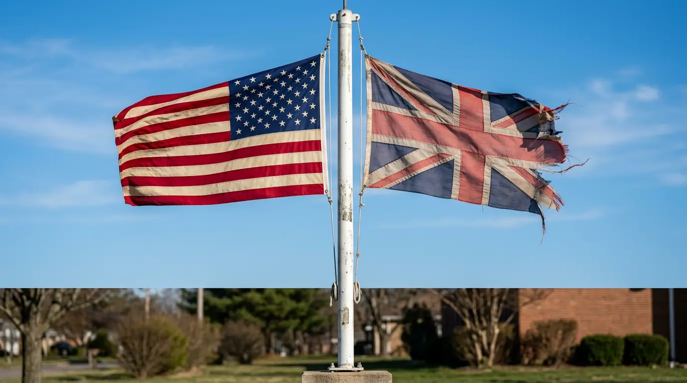 Two flags on outdoor flagpoles showing quality difference between manufactured and printed flags