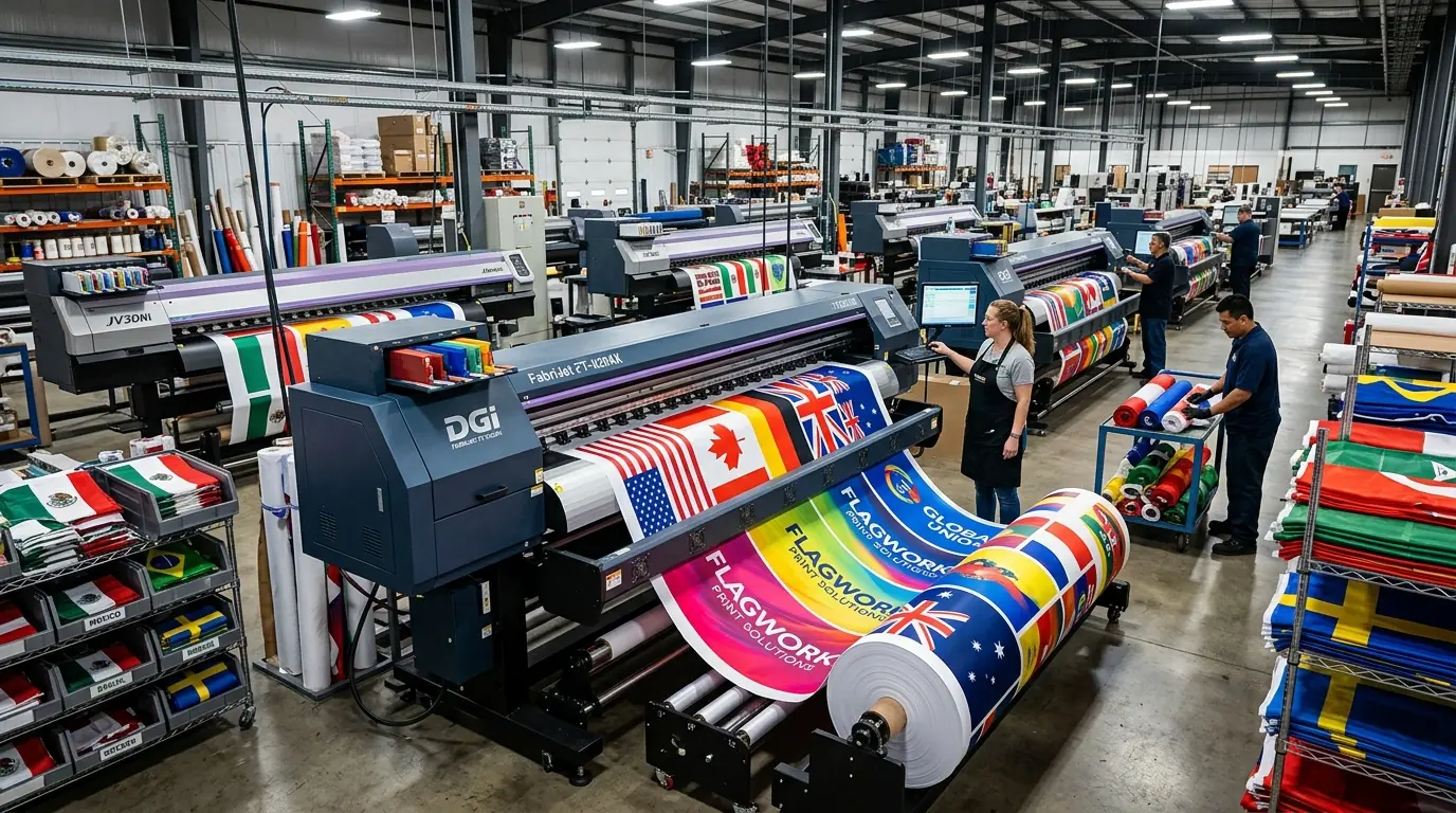 Professional flag printing factory with large format dye sublimation machines producing colorful flags