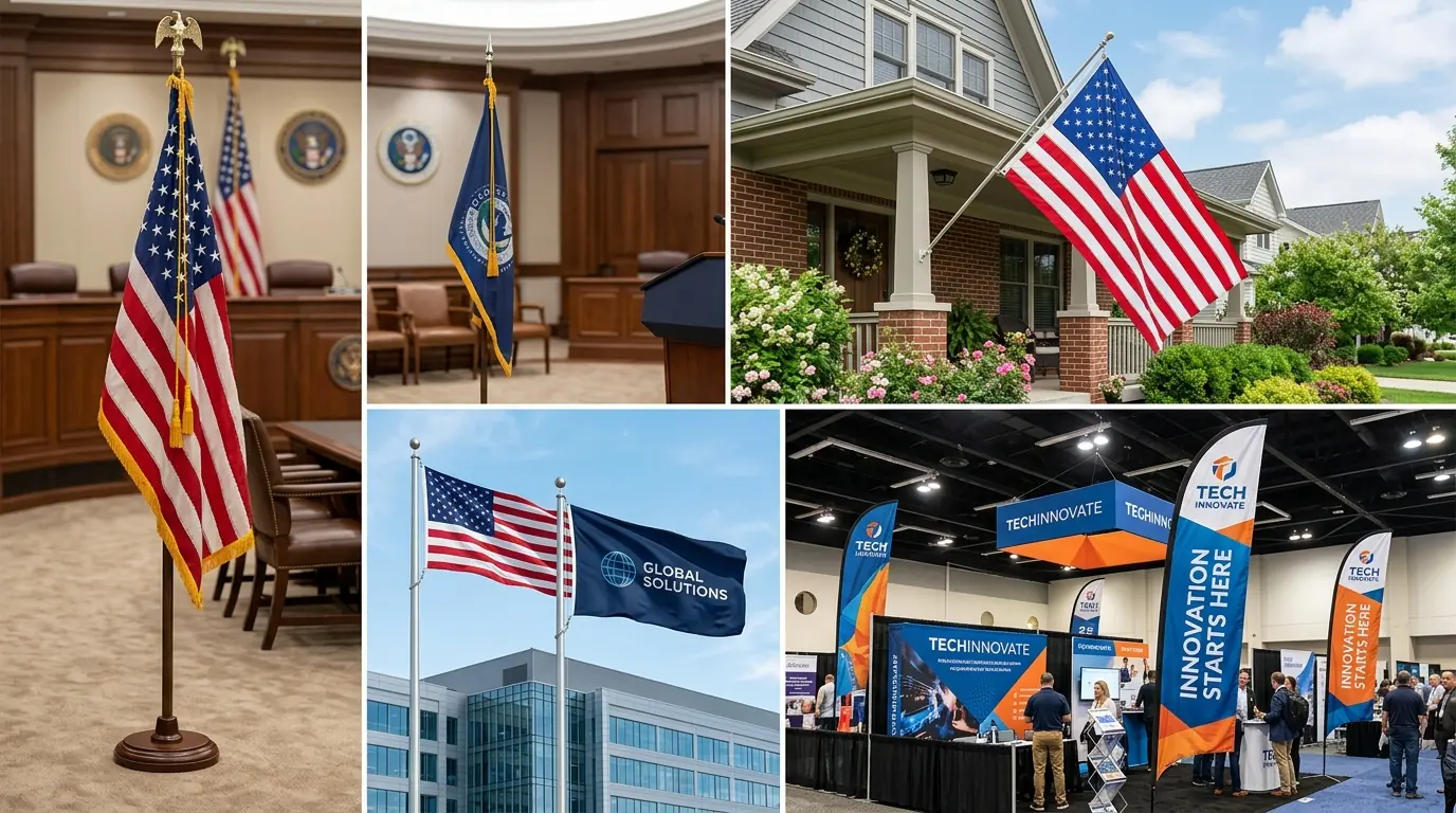 Different flag use cases: indoor ceremony, residential display, commercial building, and trade show event flags