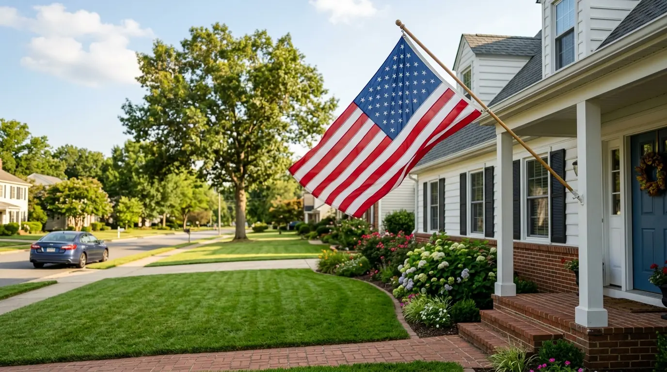 Lightweight nylon flag gently waving in a light breeze in front of a suburban home
