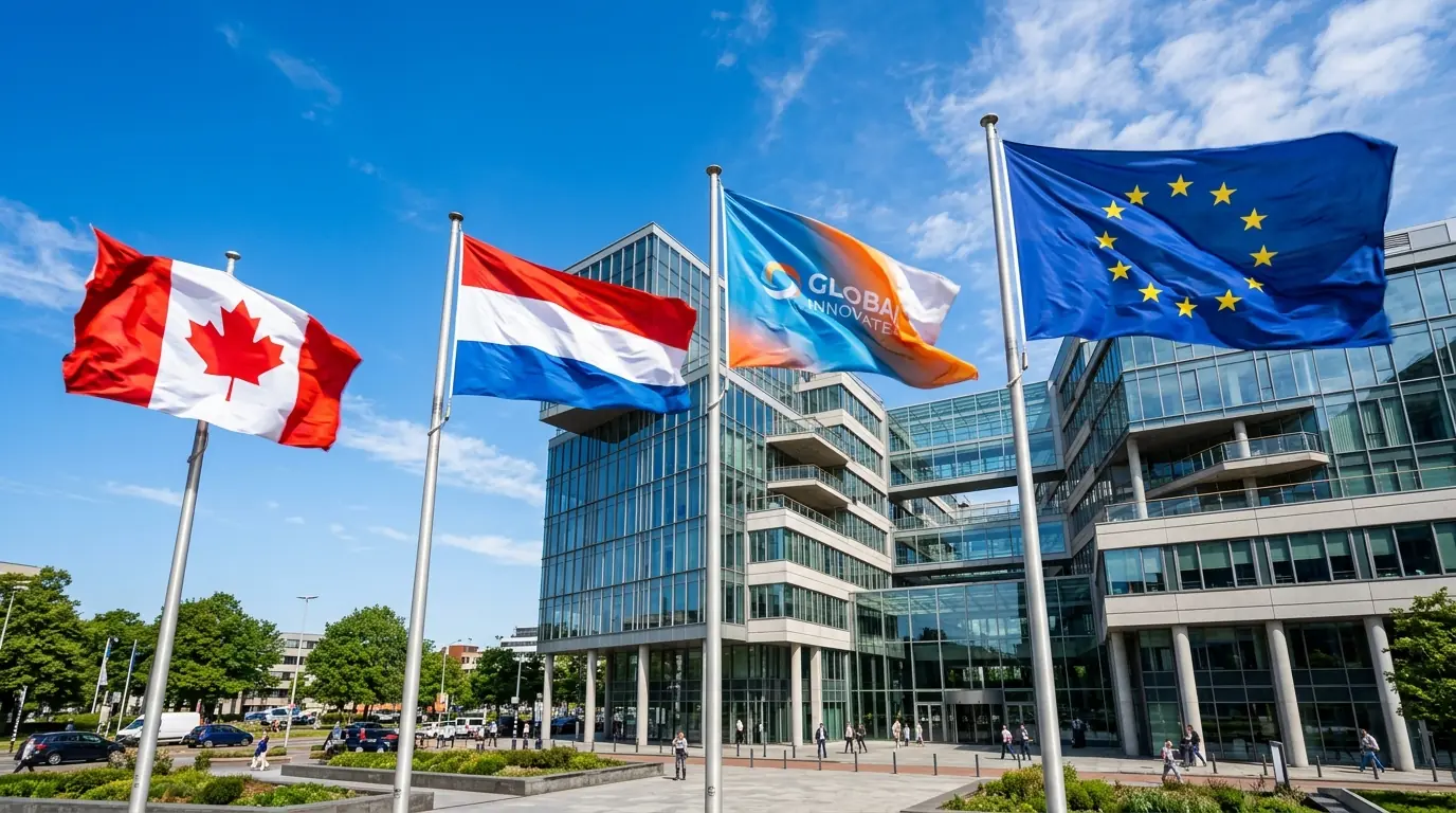 Large polyester flags flying in strong wind in front of a commercial office building