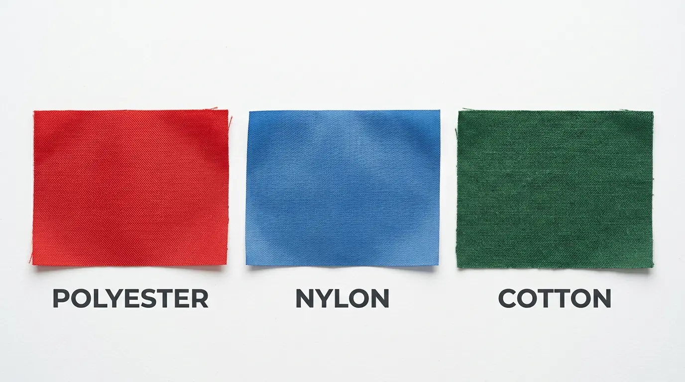 Side-by-side comparison of polyester, nylon, and cotton flag fabric swatches