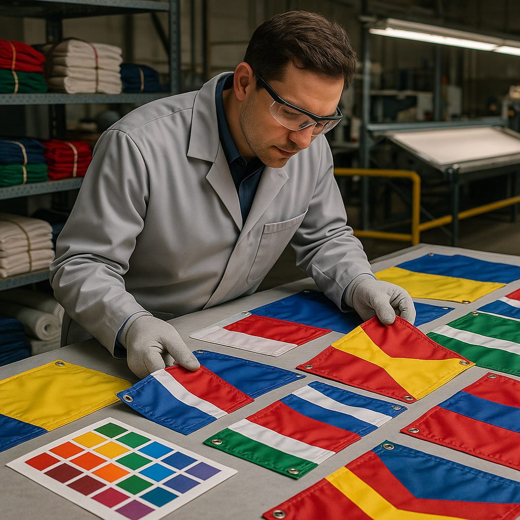 Quality control inspector examining flag samples with AQL sampling chart at textile factory