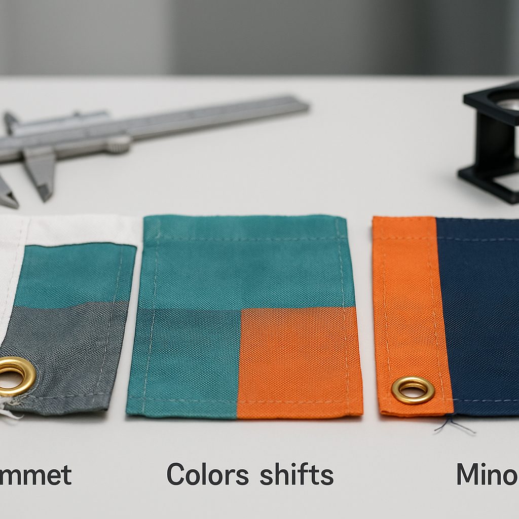 Flag samples arranged showing different defect severity levels from critical to minor