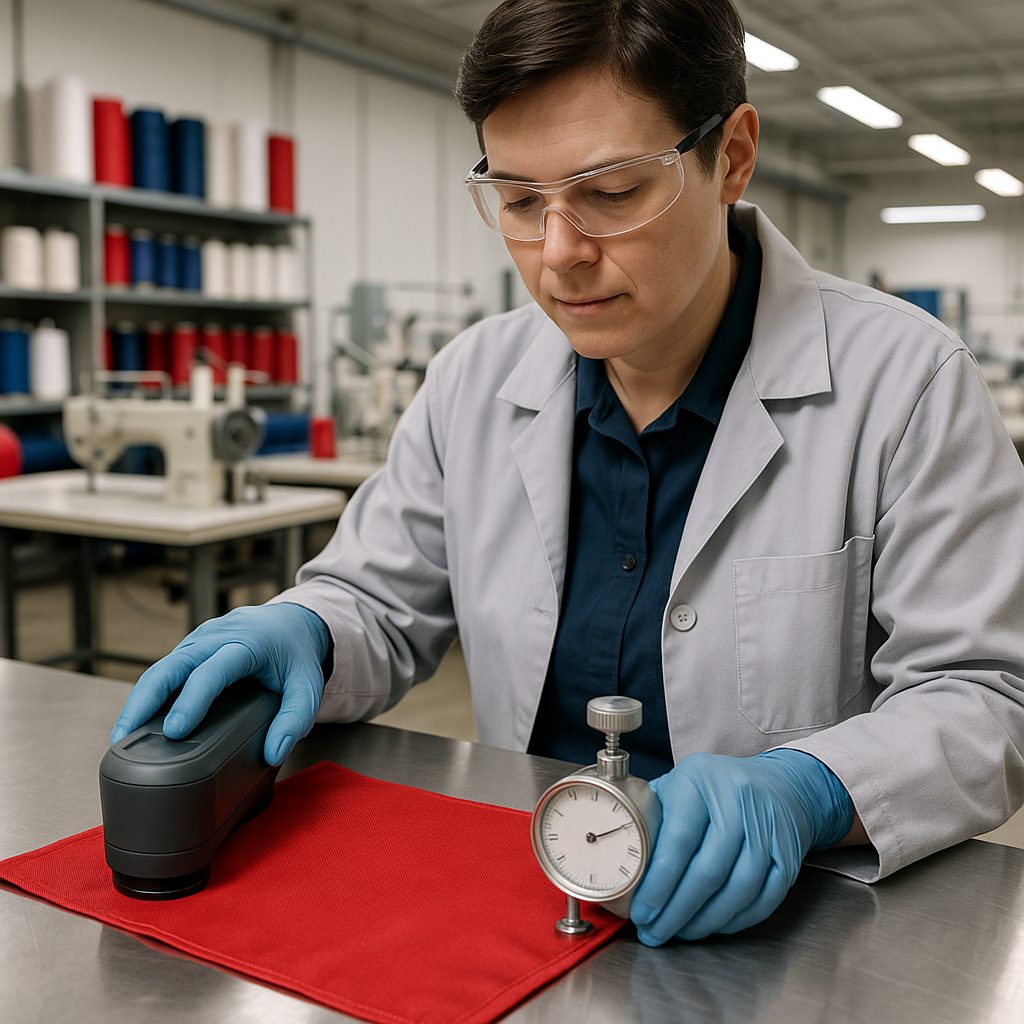 Professional QC inspector using precision measuring tools to test flag fabric at manufacturing facility