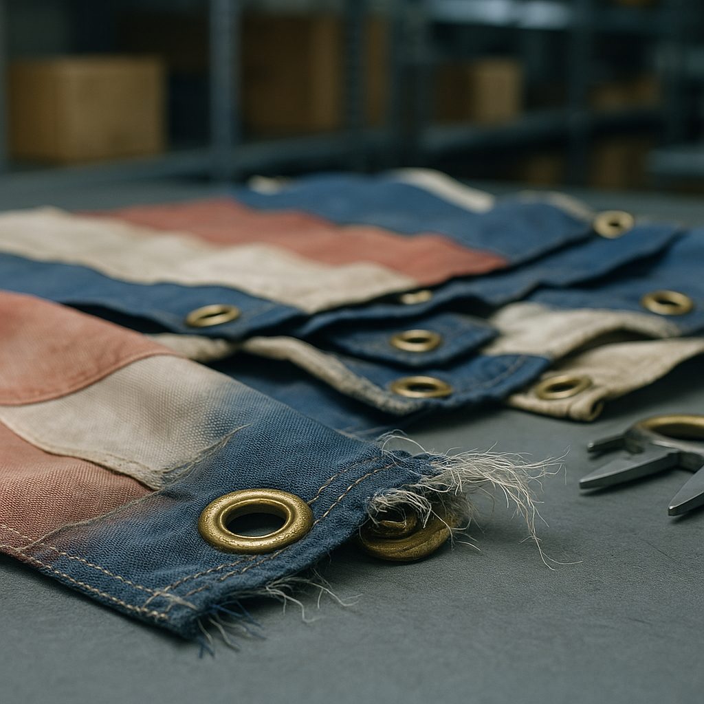 Defective flag products on factory inspection table showing color fading and loose grommets