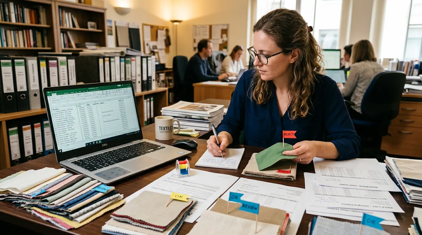 Buyer reviewing supplier quotes and flag fabric samples