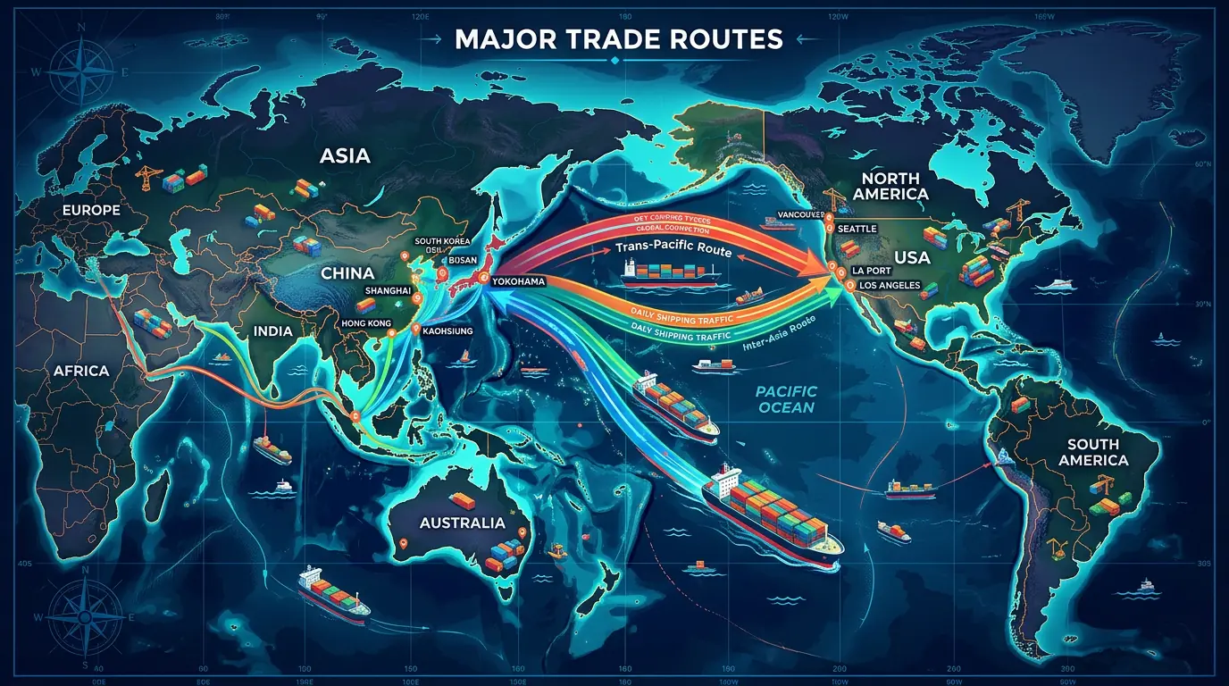 Global flag trade routes between Asia and North America