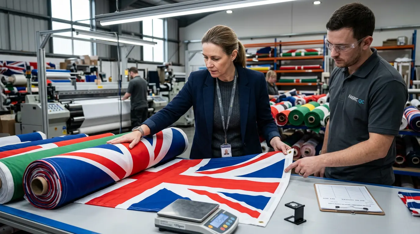 Purchasing manager inspecting flag fabric quality stitching and textile weight