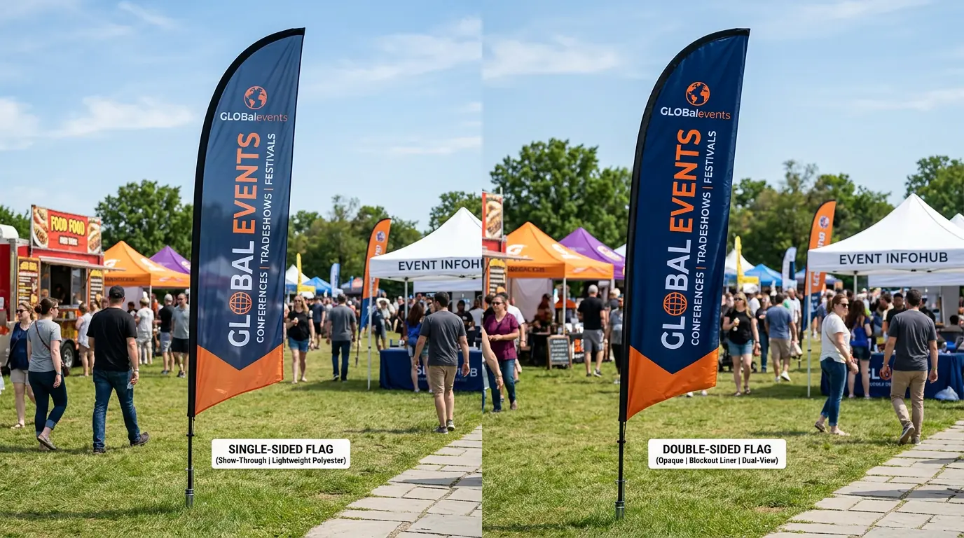Single-sided and double-sided custom advertising flags displayed side by side outdoors