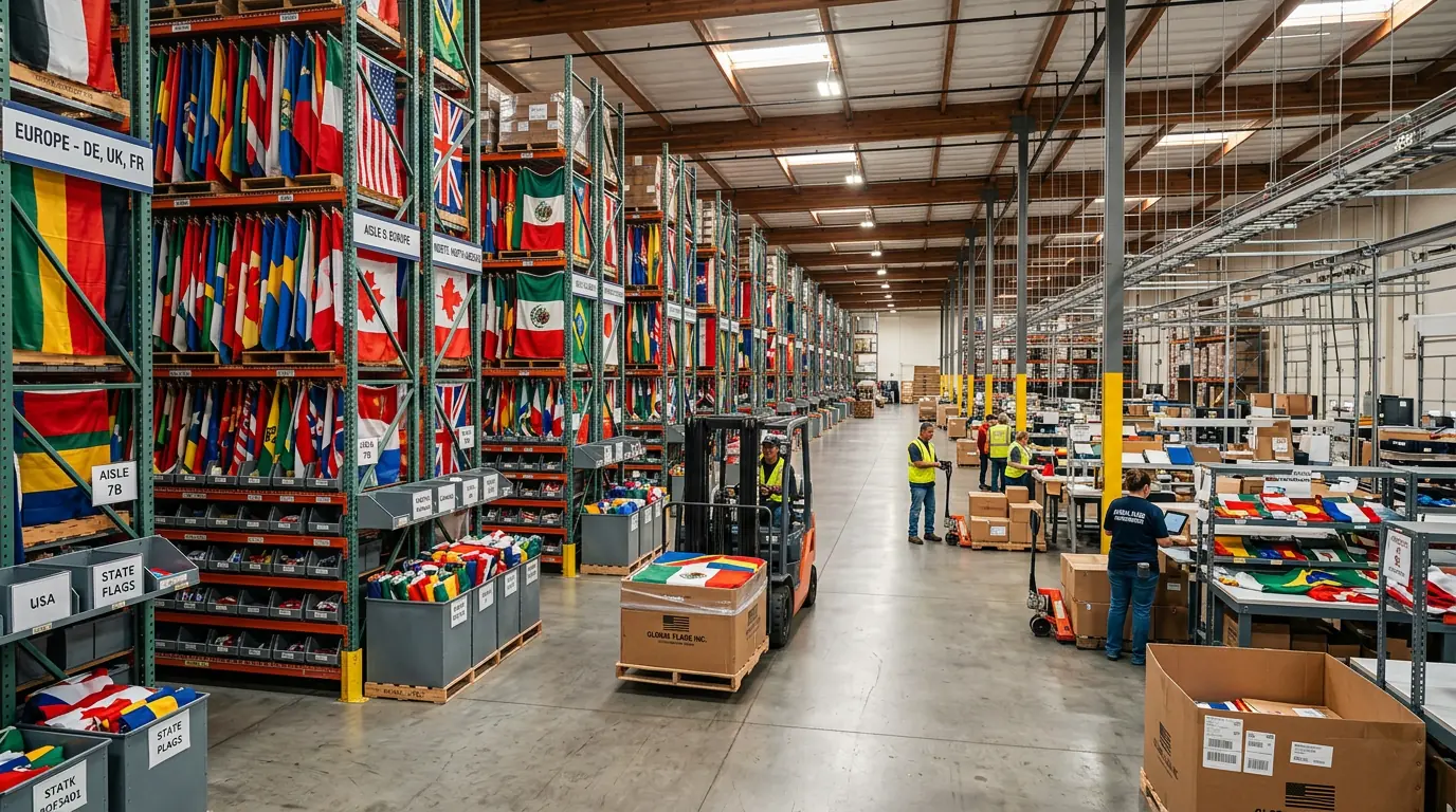 Wholesale flag warehouse with organized national flag inventory