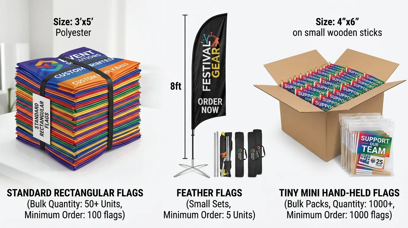 Flag types with different minimum order requirements: rectangular, feather, teardrop, and mini flags