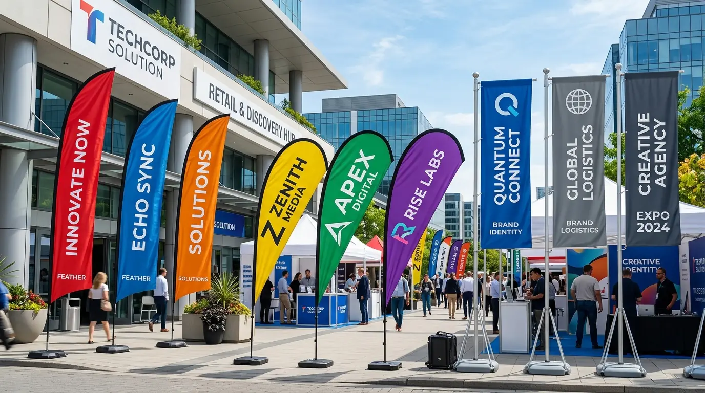 Business flag types: feather flags, teardrop flags, and rectangular flags for outdoor advertising