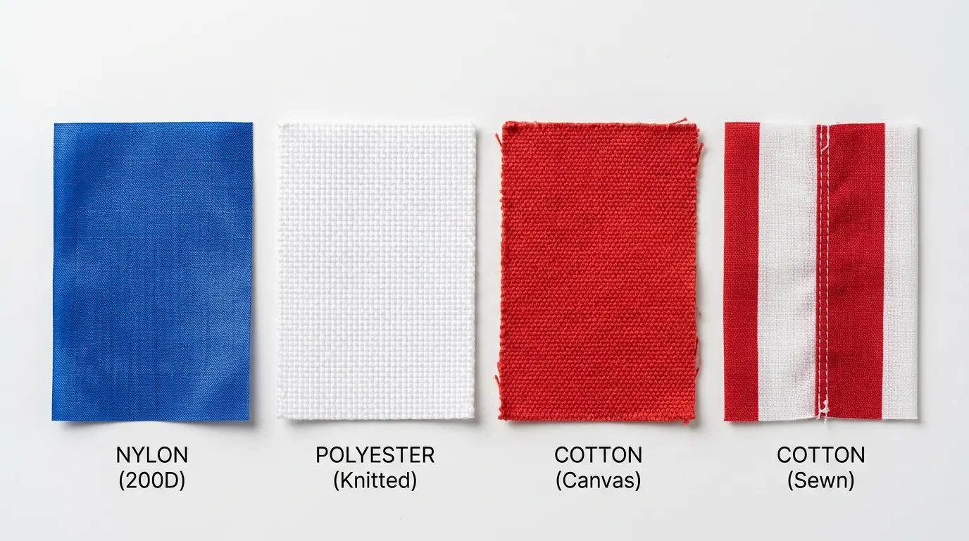 Flag material comparison: nylon vs polyester vs cotton fabric swatches