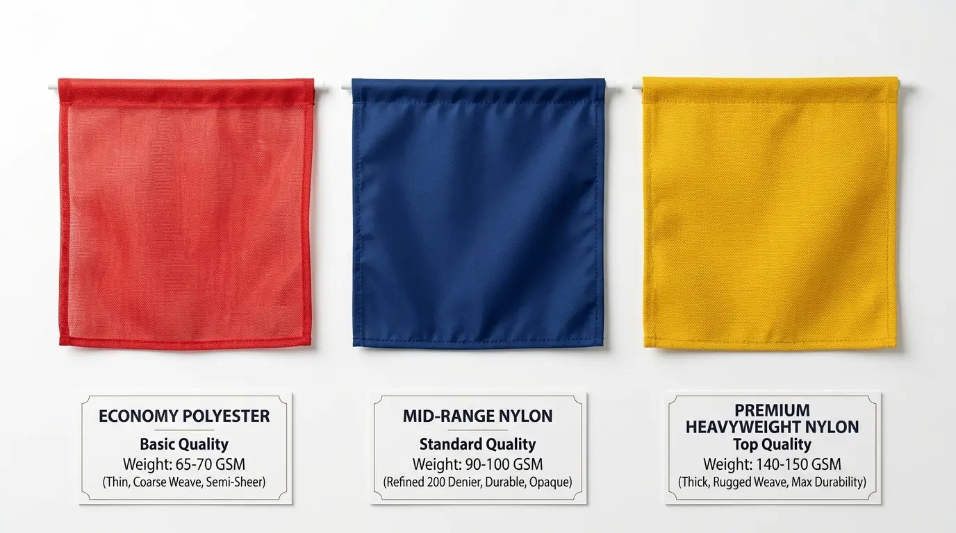 Flag material quality tiers from economy polyester to premium nylon for wholesale buyers