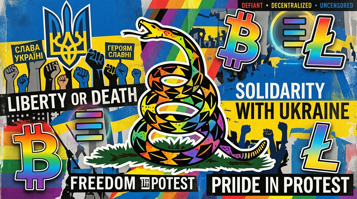 Creative collage of rainbow flag, cryptocurrency symbols, Ukrainian colors, and rattlesnake motif