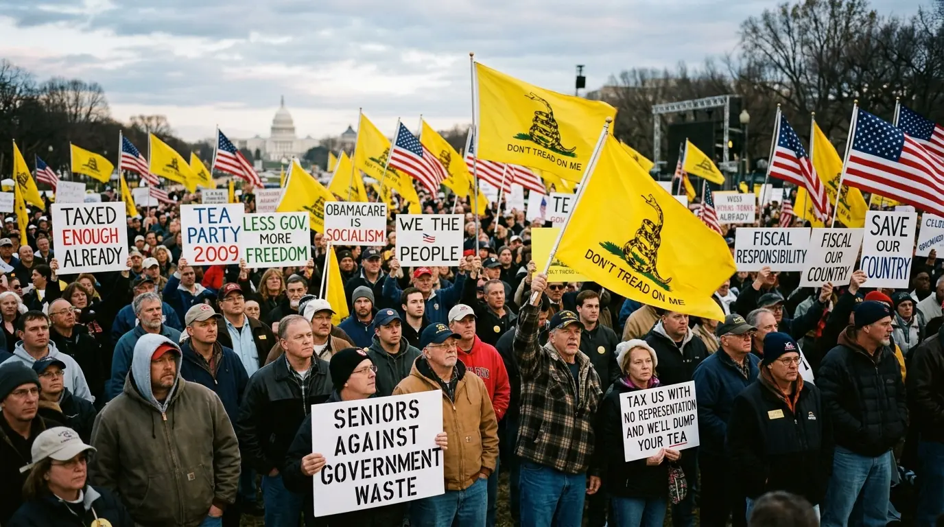 Tea Party era 2009 outdoor political rally with crowds holding yellow Gadsden-style flags
