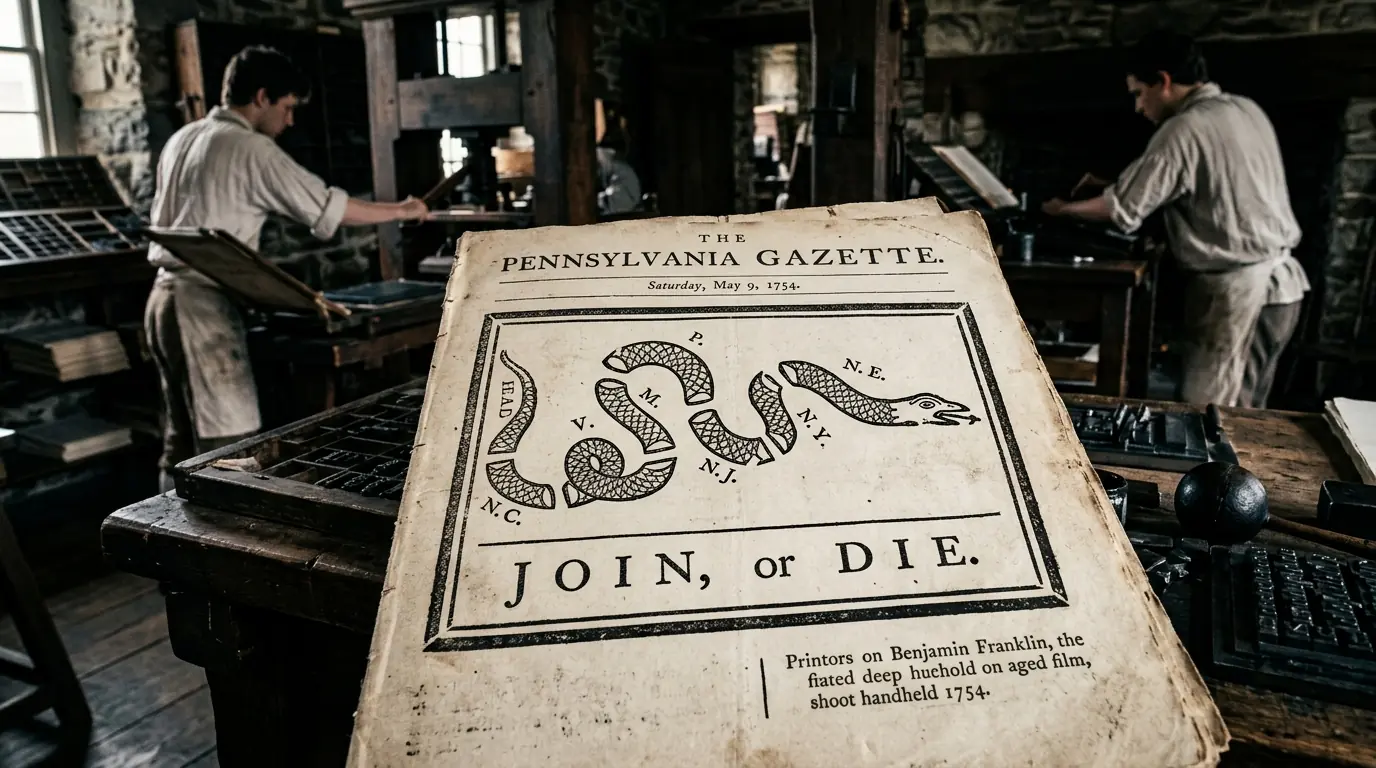Benjamin Franklin Join or Die rattlesnake political cartoon on colonial newspaper