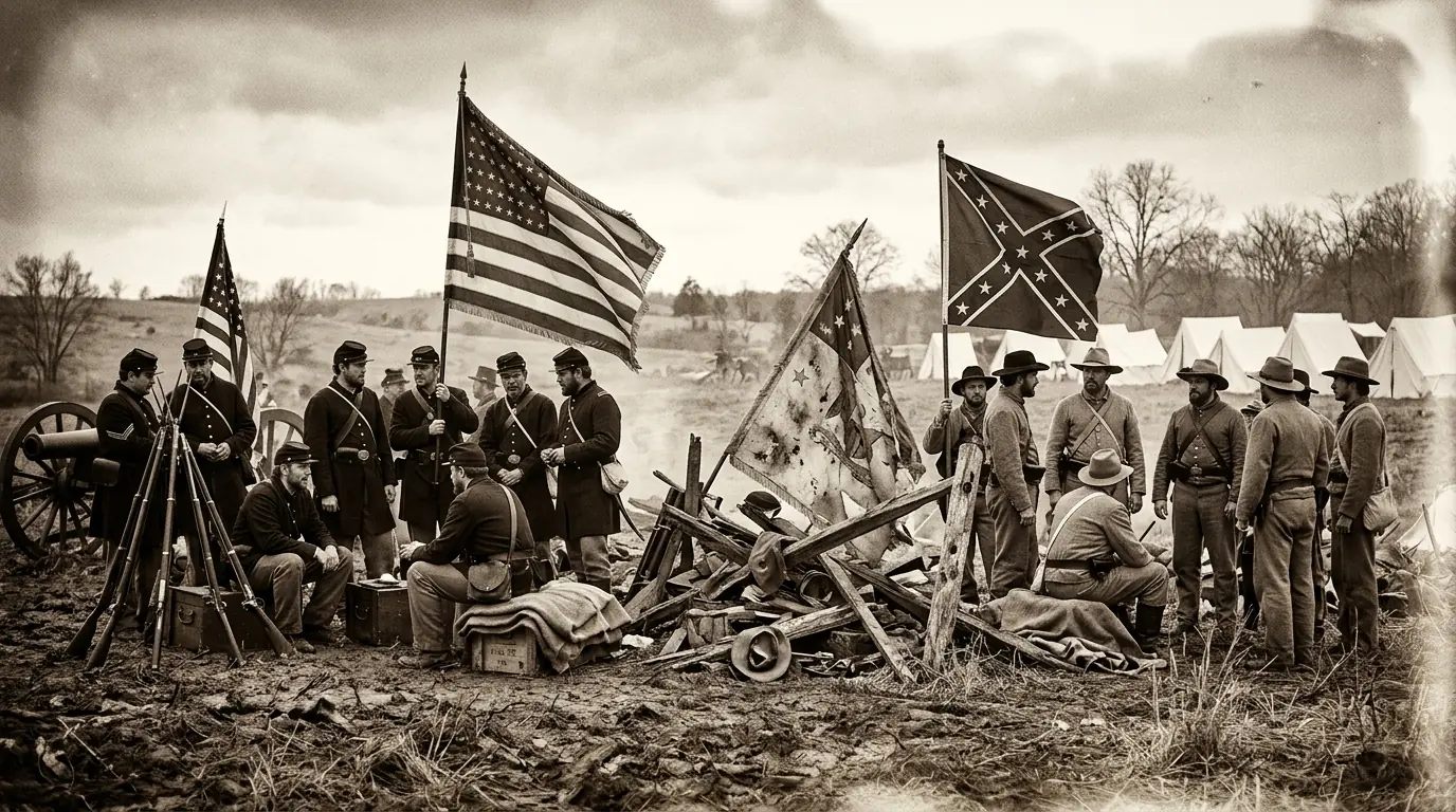 Civil War battlefield scene with Union and Confederate flags in dramatic sepia-toned photography
