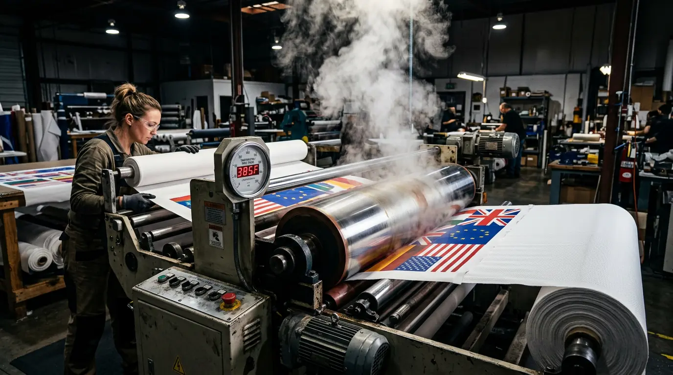 Industrial heat press calender machine pressing sublimation transfer paper onto polyester flag fabric at 385 degrees Fahrenheit