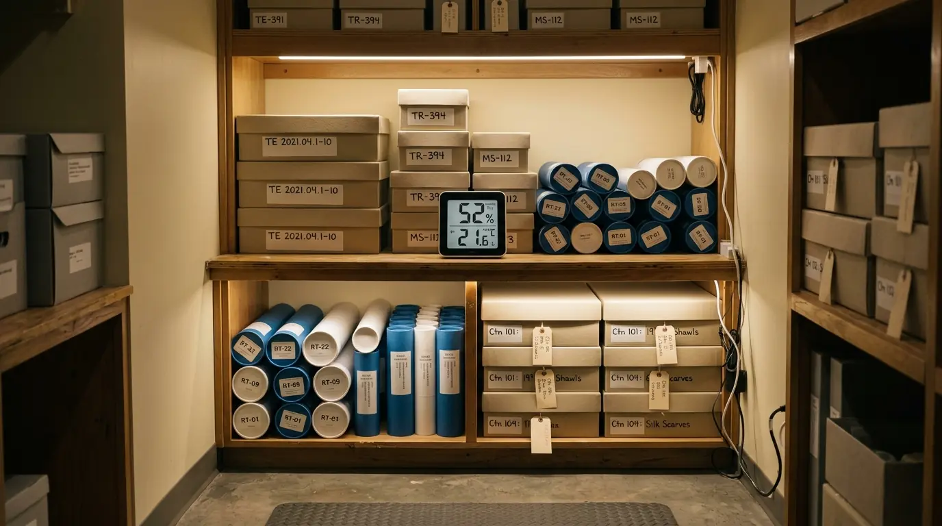 Climate-controlled closet with hygrometer and archival storage containers for flag preservation