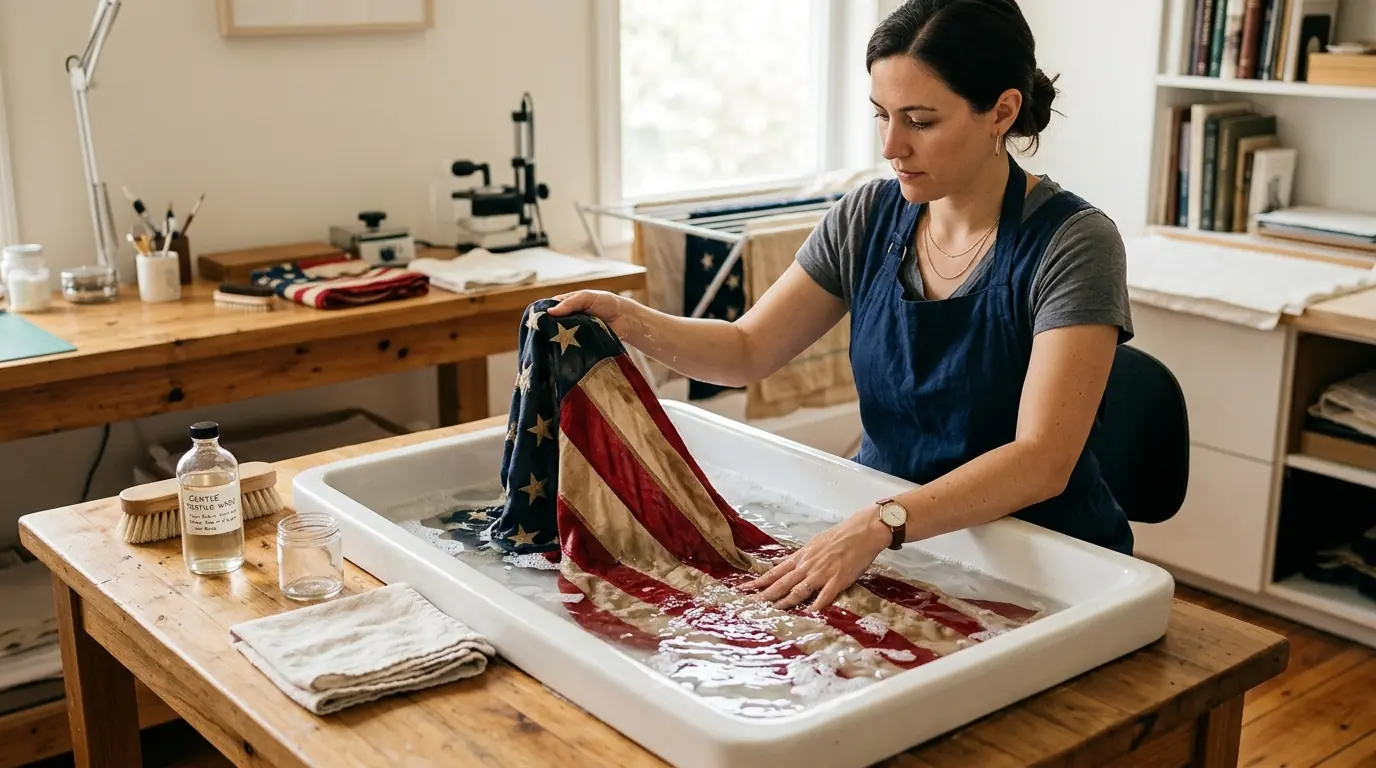 Hand-washing a flag in cold water as part of pre-storage cleaning preparation