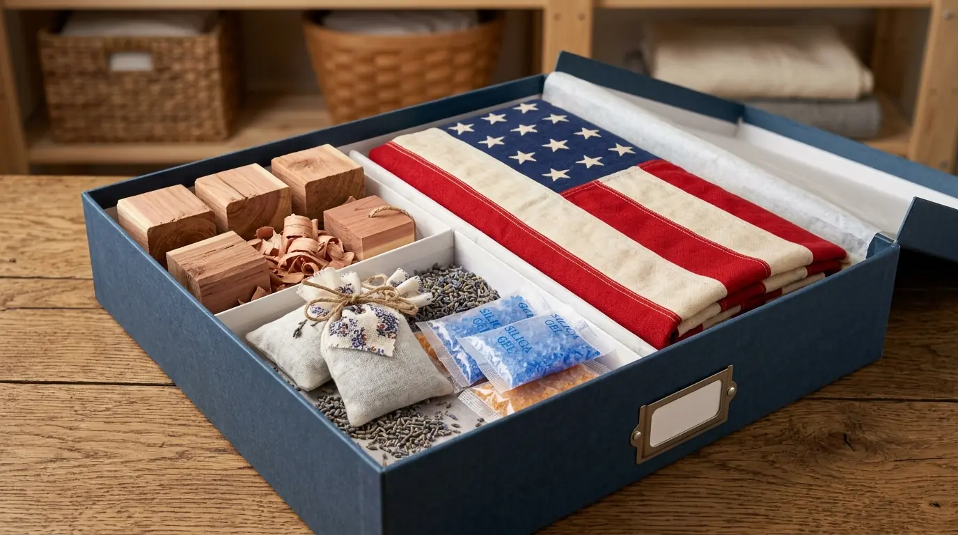 Cedar blocks, lavender sachets, and silica gel packets for natural pest prevention in flag storage