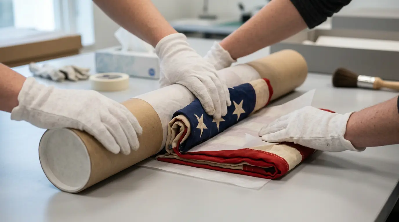 Rolling a flag on an archival tube with acid-free tissue paper interleaved between layers