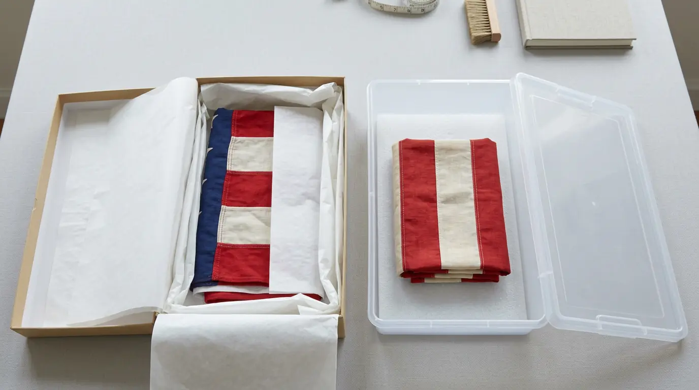 Acid-free archival box and polypropylene container for proper flag storage