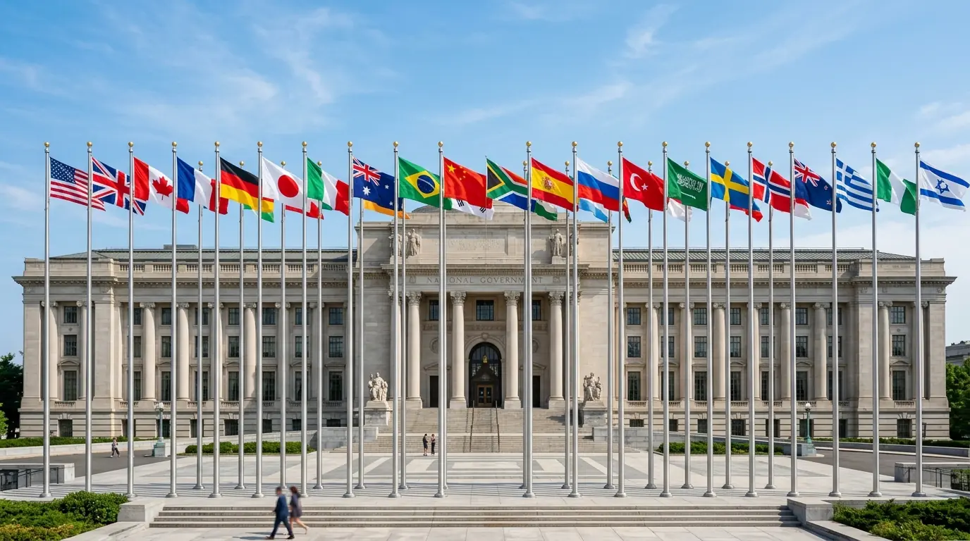 National flags from multiple countries displayed on flagpoles in a row