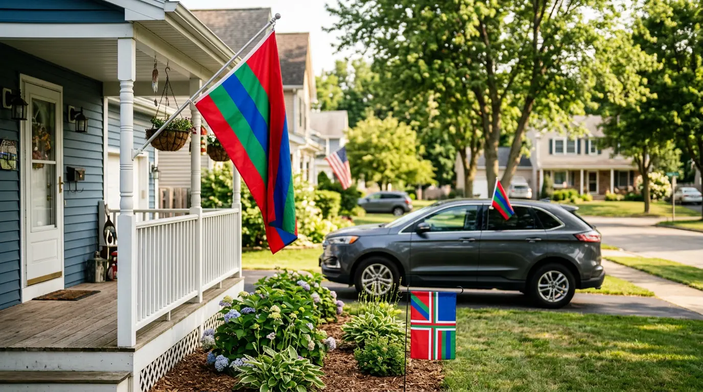 Different NFL flag types including house flags on porch poles, garden flags in flower beds, and car window flags displayed in a residential neighborhood